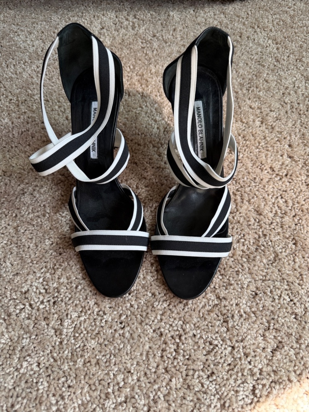 Manolo Blahnik Black and White Striped Ankle-Wrap Heels